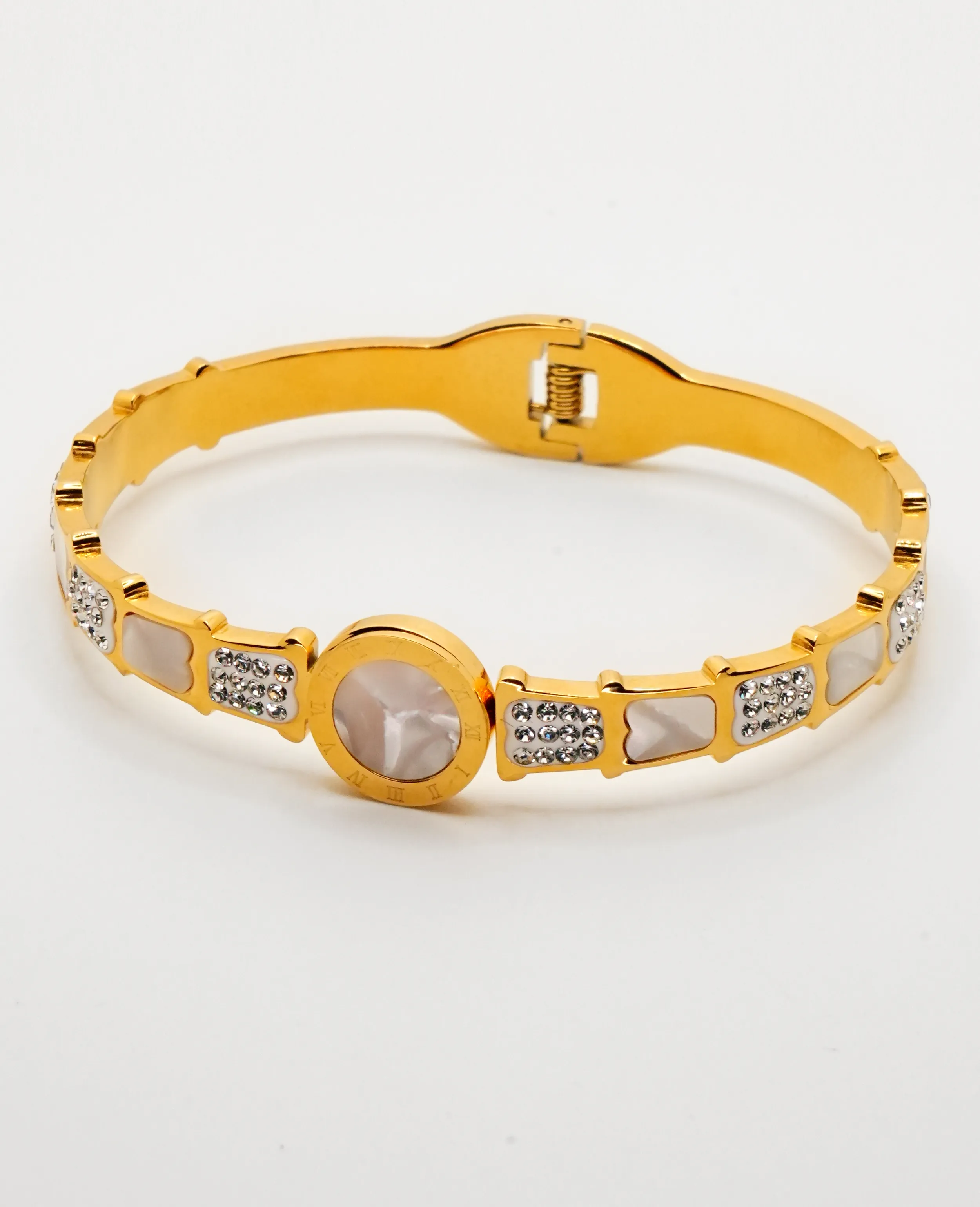 Golden Designer Kada Bracelet with Mother of Pearls & Sparkling AD Stones