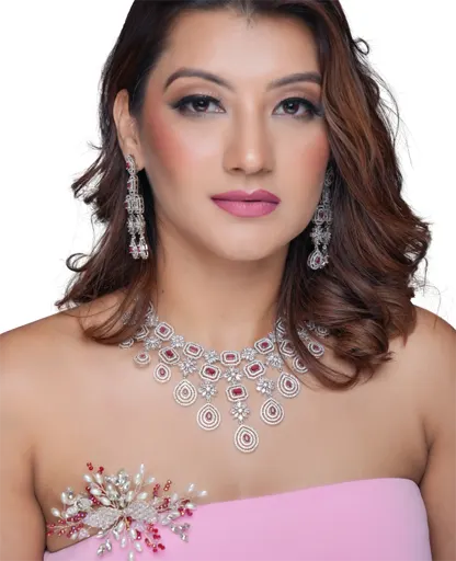Modern Elegance AD Ruby Necklace Set - Silver Base with Timeless Appeal