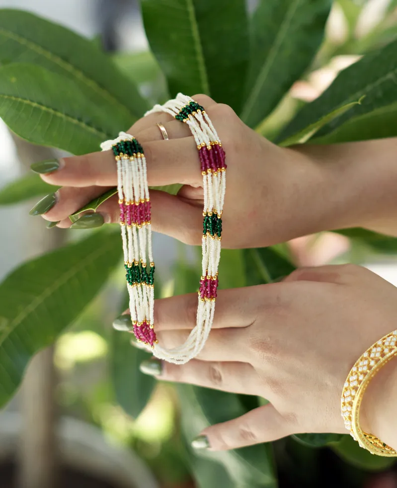 Pearl Mala with Ruby & Green Semi-Precious Stones