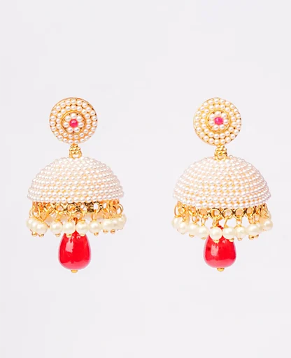 Elegant Pearl Jhumki with Ruby Bead – Ideal Size