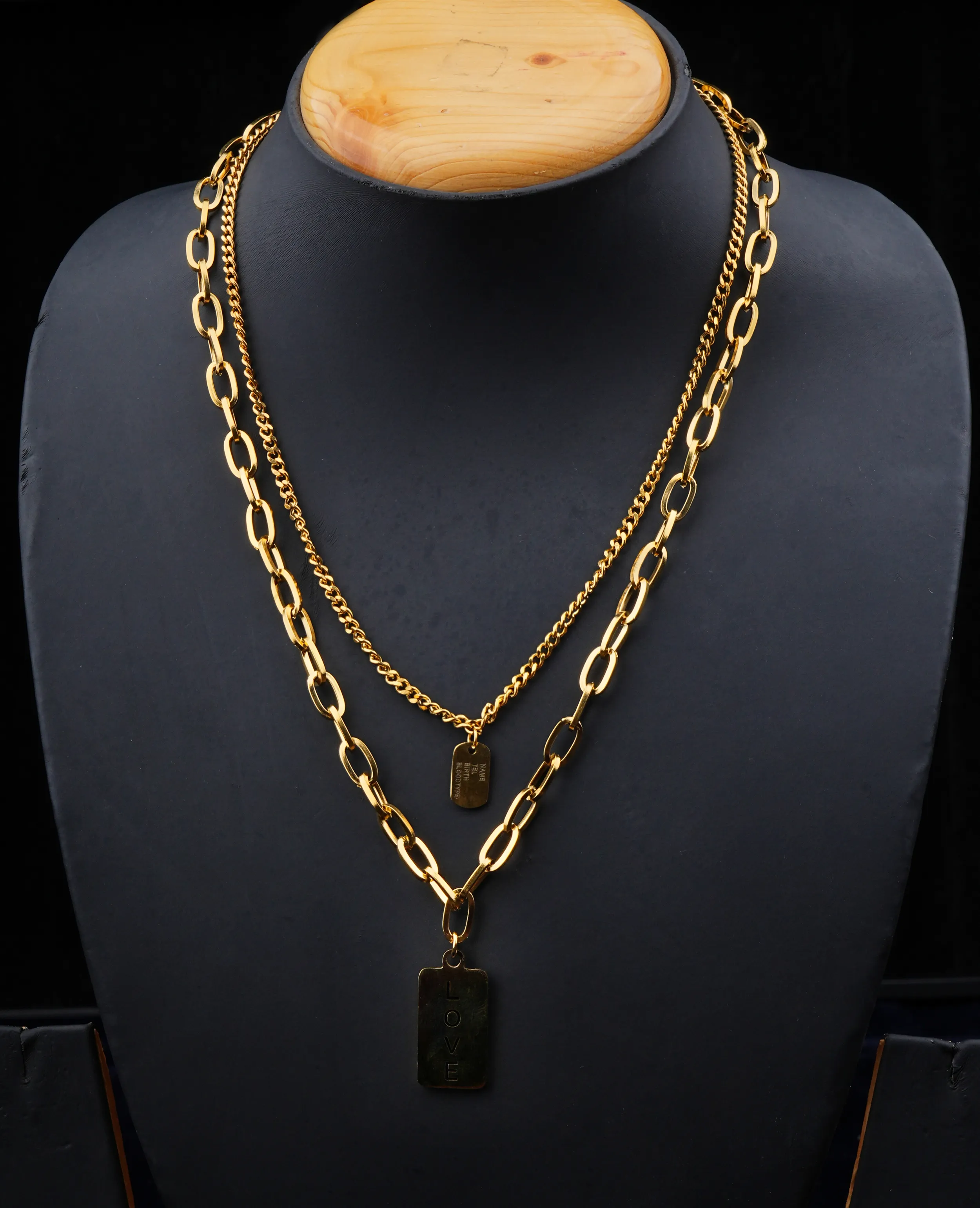 Double Lane Golden Chain Pendant with “Love” Inscription 
