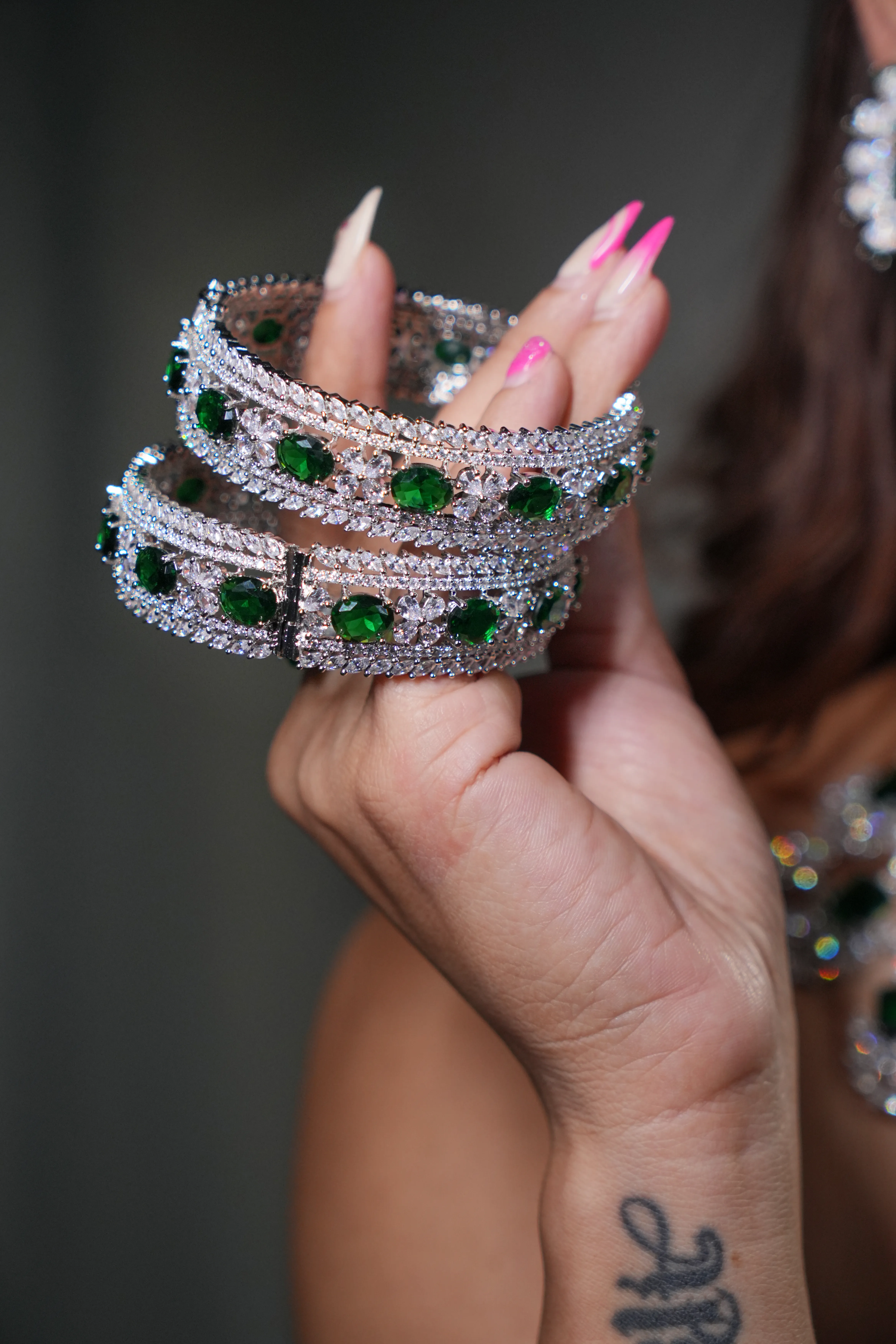Elegant AD Bracelets with Emerald Accents - Openable Pair of Two