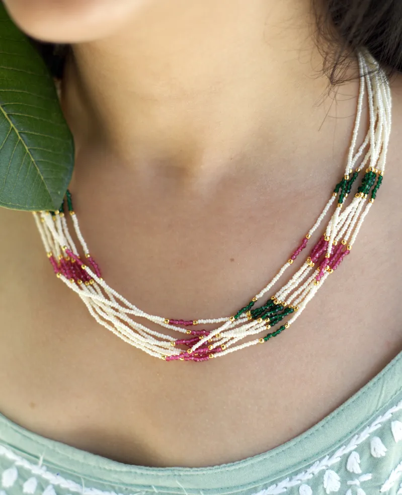 Pearl Mala with Ruby & Green Semi-Precious Stones