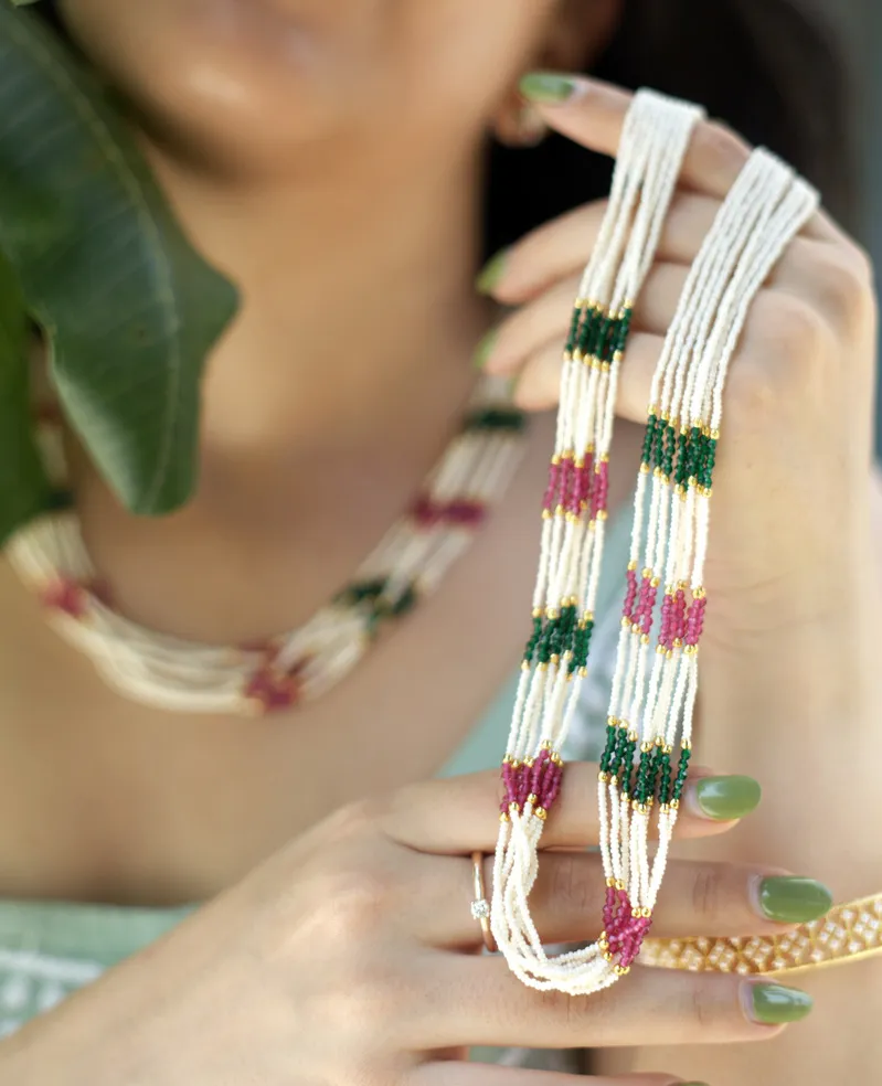 Pearl Mala with Ruby & Green Semi-Precious Stones