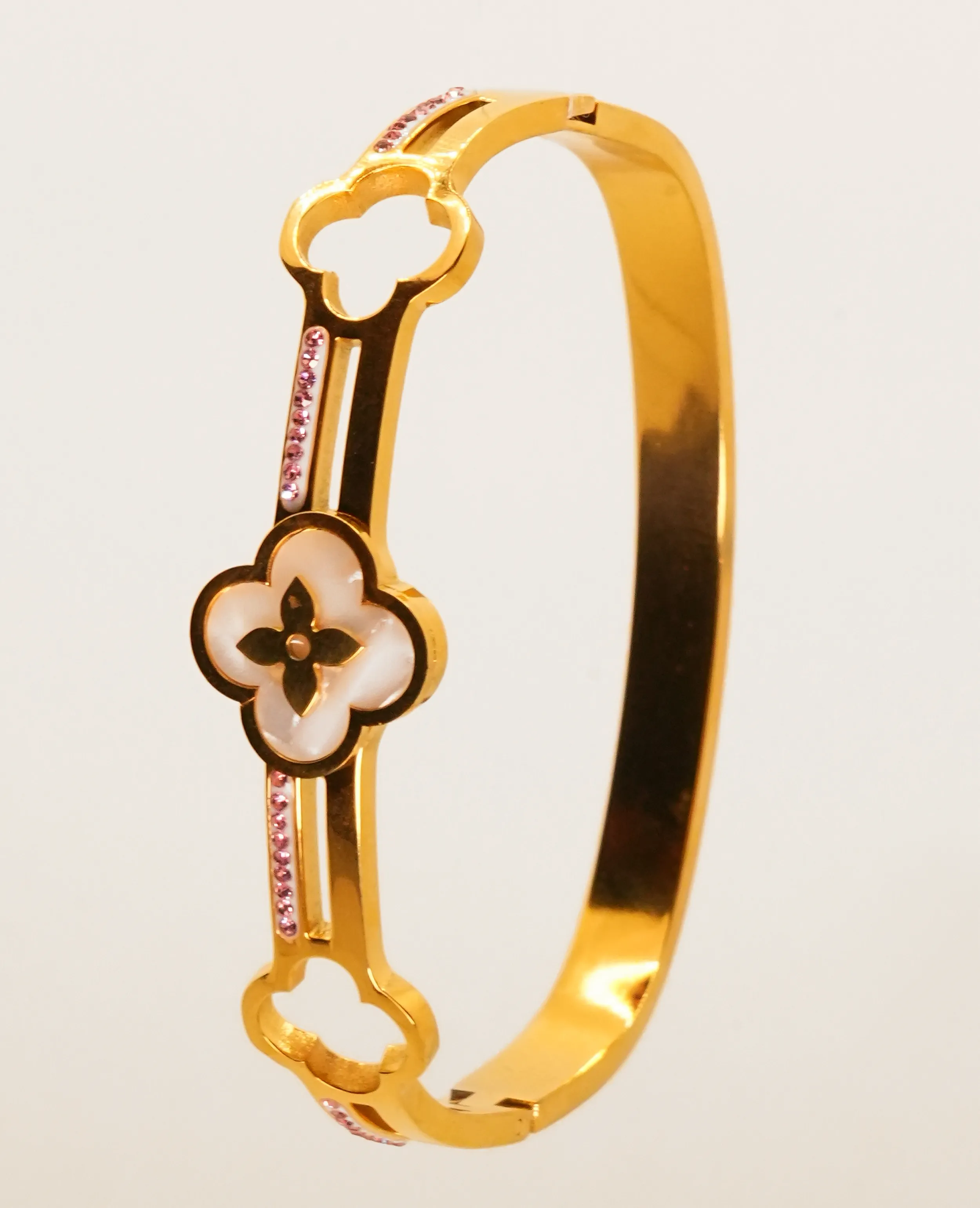 Golden Camellia-Inspired Kada Bracelet with Mother of Pearl Elegance