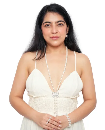 Elegant AD Bow & Pearl Long Necklace - Statement Piece