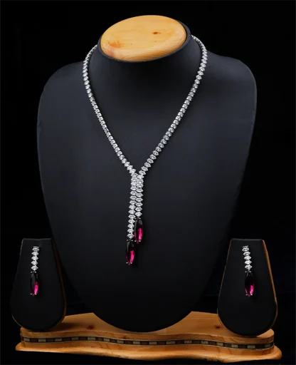Ruby Radiance Designer AD Necklace Set - Modern Glamour in Silver