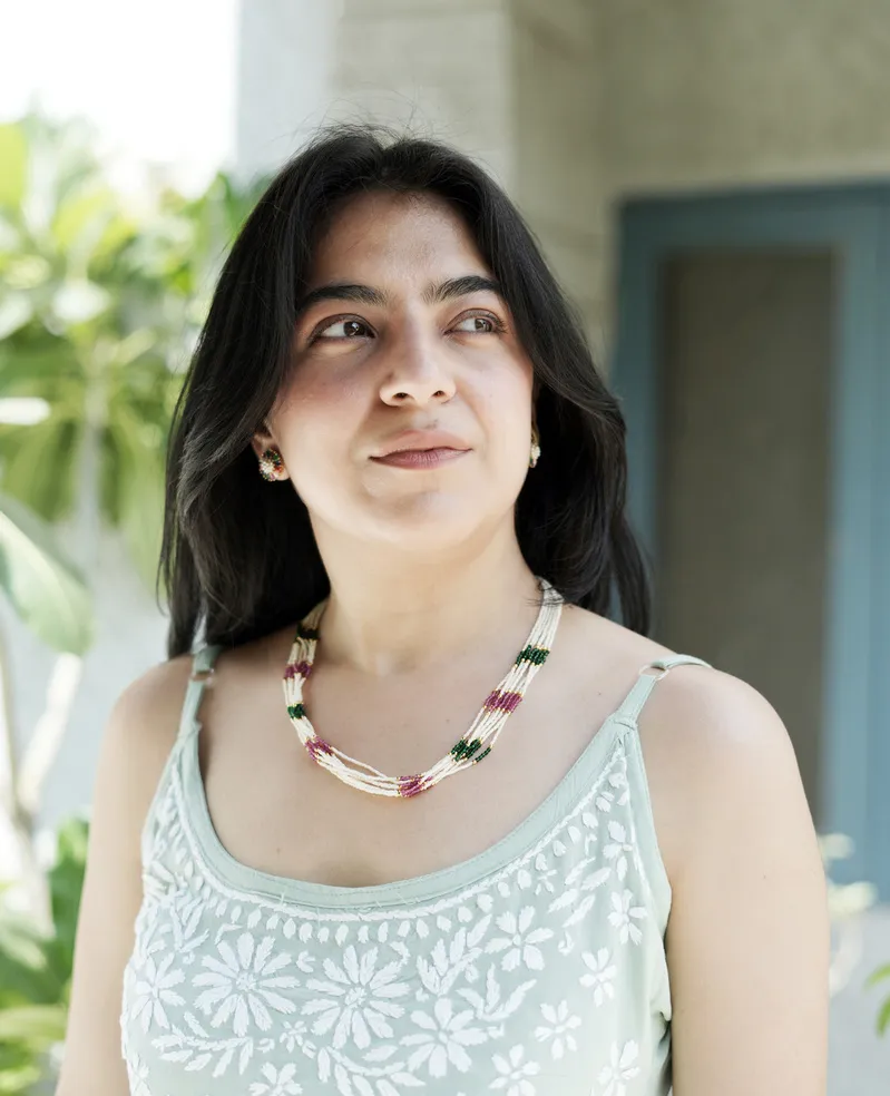 Pearl Mala with Ruby & Green Semi-Precious Stones